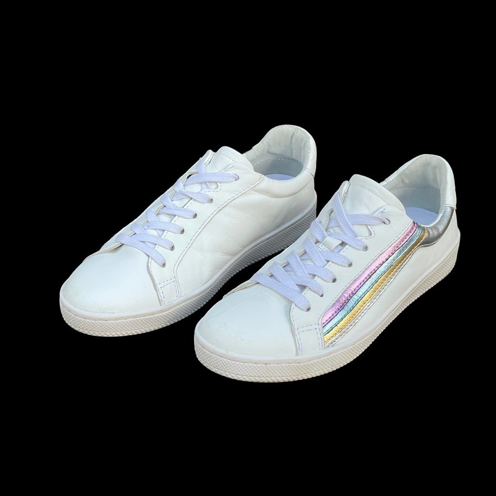 SCHUTZ Sahara Leather Lace White Sneakers Rainbow Pastel  Metallic Stripe-Sz 7.5